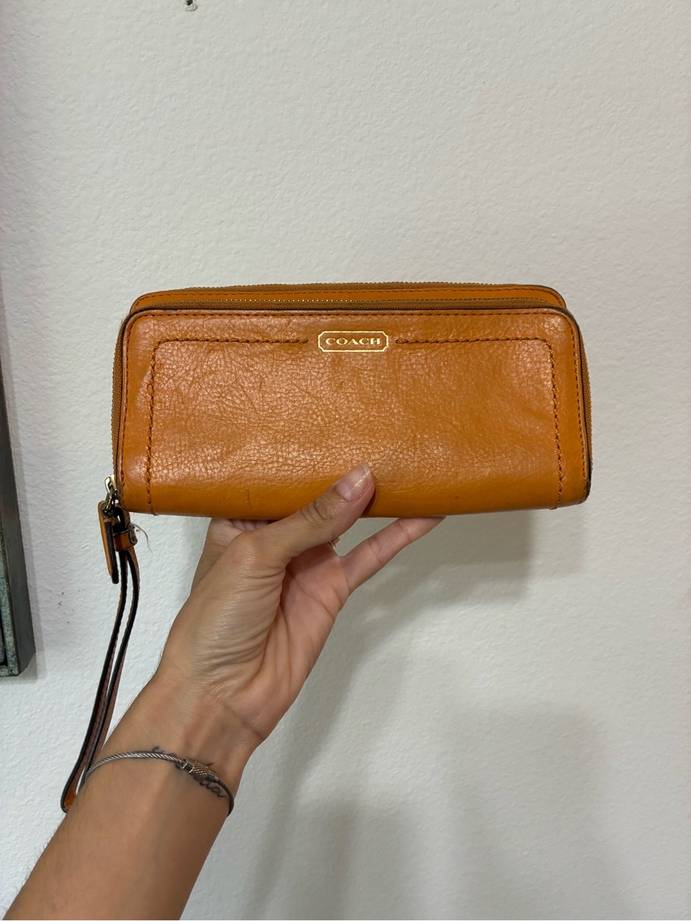Coach Leather Wristlet in Cognac Tan
